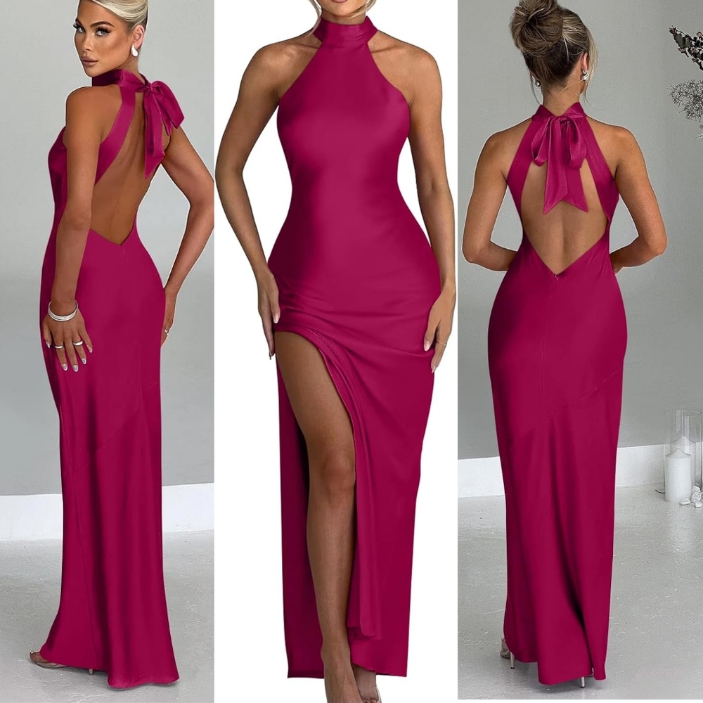 Elegant Sleeveless Backless Satin High-Slit Formal Gown Rose